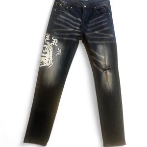 AMIRI Black Washed Slim Straight Jeans with White Graphic
